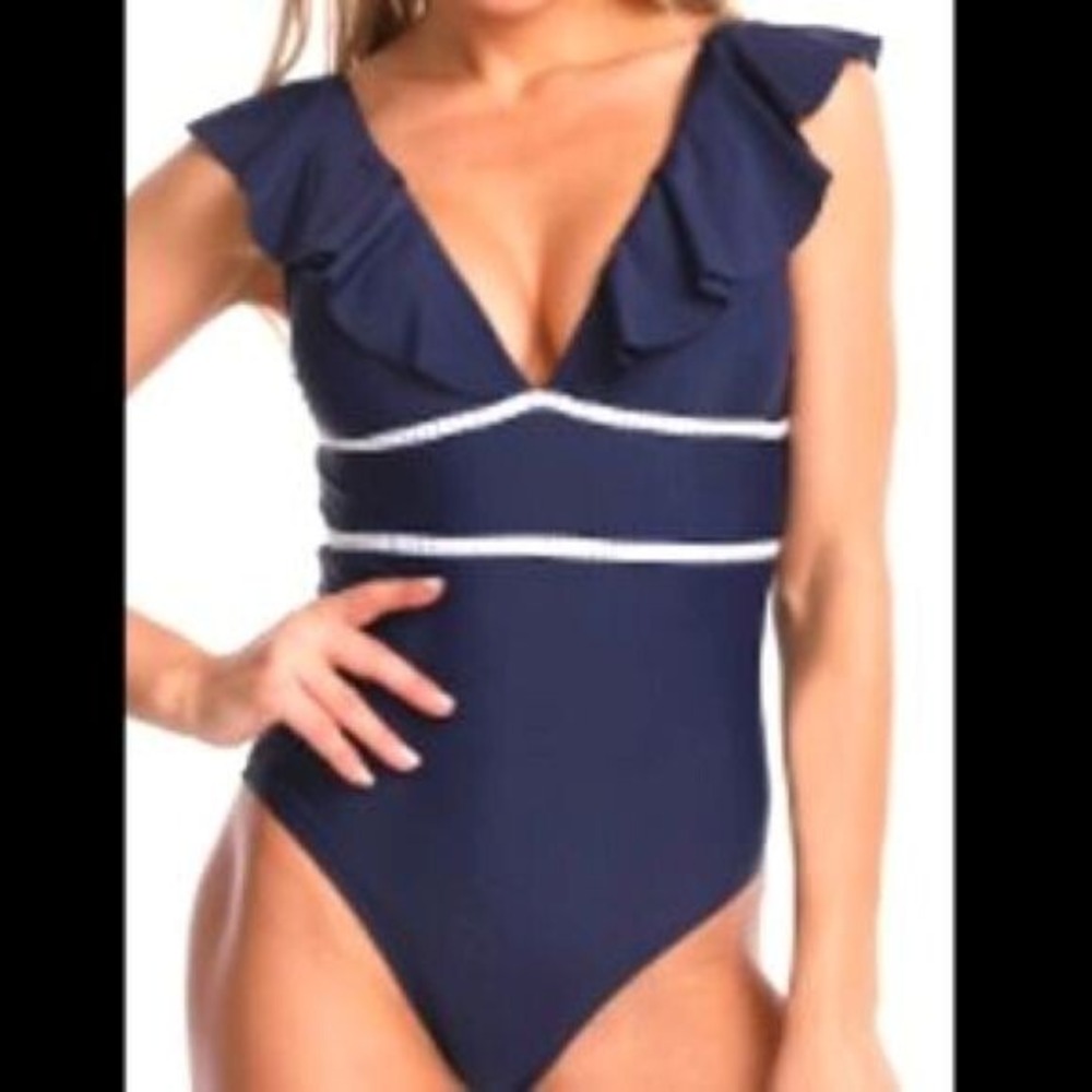 JUICY COUTURE Sz S 1 Piece Swimsuit Deep Ruffle V-Neck & Back Navy Blue NWT $98